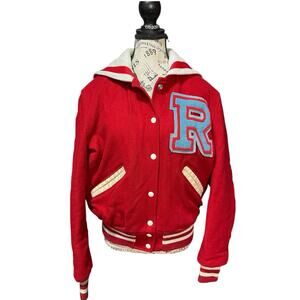 Red Letterman-Style Short Sleeve Top with 'R' Patch